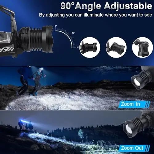 Rechargeable LED Headlamp 1080 Lumen, Super Bright Head Lamp Flashlight with 5 Lighting Modes, IPX6 Waterproof, Zoomable Headlight for Camping, Hiking, Fishing, Biking(2 Pack) (2pcs headlamp2) - 2