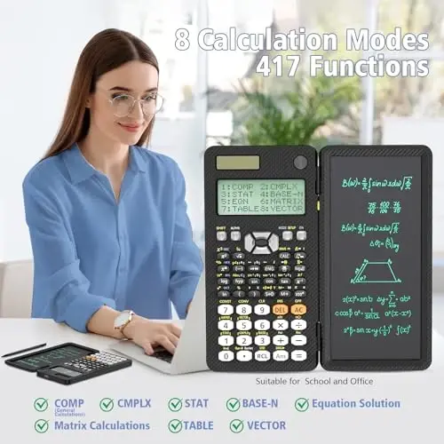 Rechargeable ROATEE 991ES MAX Scientific Calculators, CalcNote Multiview 4-Line Display with LCD Writing Tablet Notepad, Foldable Portable for Business High School College Students and Teacher(Black) - 4