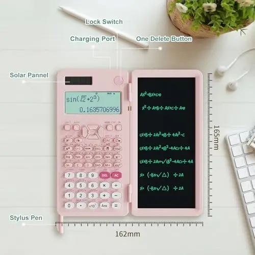 Rechargeable Scientific Calculator for Students, Pink 991ES MAX Foldable Science Calculator with Notepad 417 Function Solar Energy Science Calculators for Middle and High School Supplies (Pink) - 2