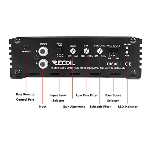 Recoil DI600.1 Class-D avtomobil audio mono-blok sabvufer kuchaytirgichi, 1200 vatt maksimal quvvat, 2/4 OModazone Stable, Mosfet quvvat manbai, masofadan boshqarish pulti. - 5