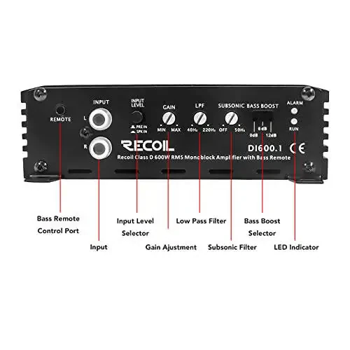 Recoil DI600.1 Class-D avtomobil audio mono-blok sabvufer kuchaytirgichi, 1200 vatt maksimal quvvat, 2/4 OModazone Stable, Mosfet quvvat manbai, masofadan boshqarish pulti. - 5