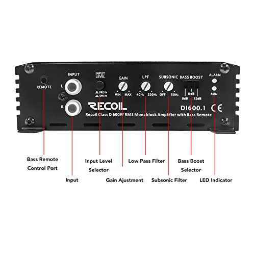 Recoil DI600.1 Class-D Car Audio Mono-Block Subwoofer Amplifier, 1200 Watts Max Power, 2/4 Ohm Stable, Mosfet Power Supply, Remote Bass Knob Included - 5