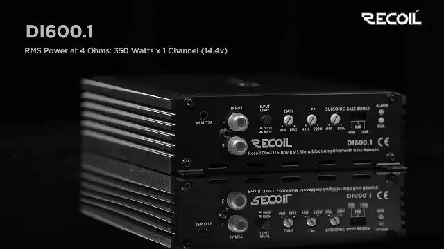 Recoil DI600.1 Моноблочный автомобильный сабвуферный усилитель класса D, максимальная мощность 1200 Вт, стабильная работа при 2/4 Ом, источник питания MOSFET, в комплекте пульт дистанционного управления басами. - 7