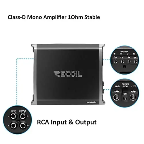 Recoil RED600-1 1320 Watts Class-D Car Audio Mono-Block Subwoofer Amplifier, 1 Ohm Stable, Remote Bass Knob Included - 2