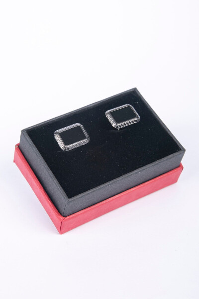 Rectangular Cufflinks with Shiny Black Stone - BAYEFENDİ