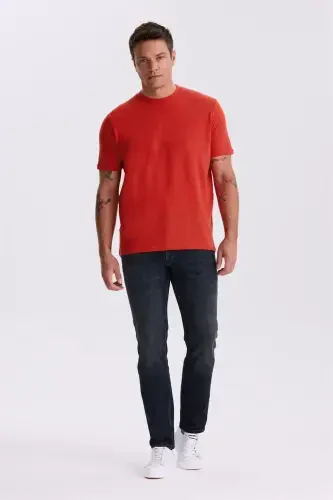 Red 100% Cotton Patterned Crew Neck T-Shirt - Modazone (1)
