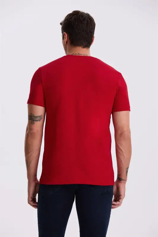 Red 100% Cotton Slim Fit Crew Neck Basic T-Shirt - 4