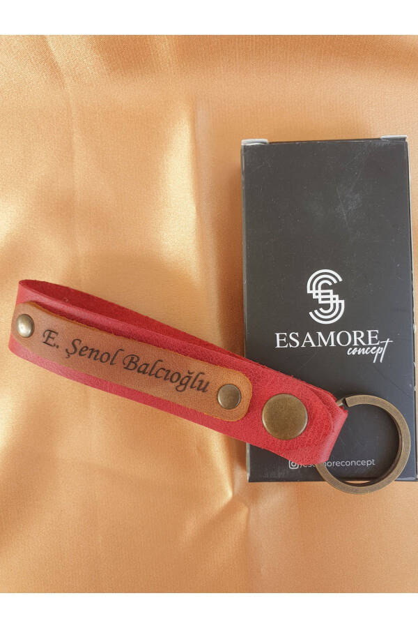 Red and Camel Genuine Leather Personalized, Name , Leather Keychain for Father's Day - 1