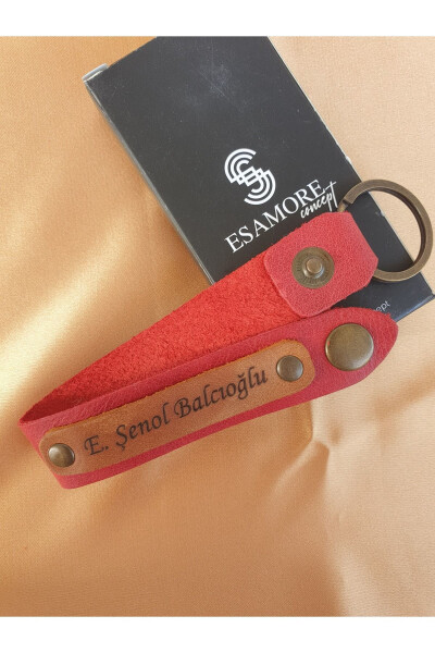 Red and Camel Genuine Leather Personalized, Name , Leather Keychain for Father's Day - 2