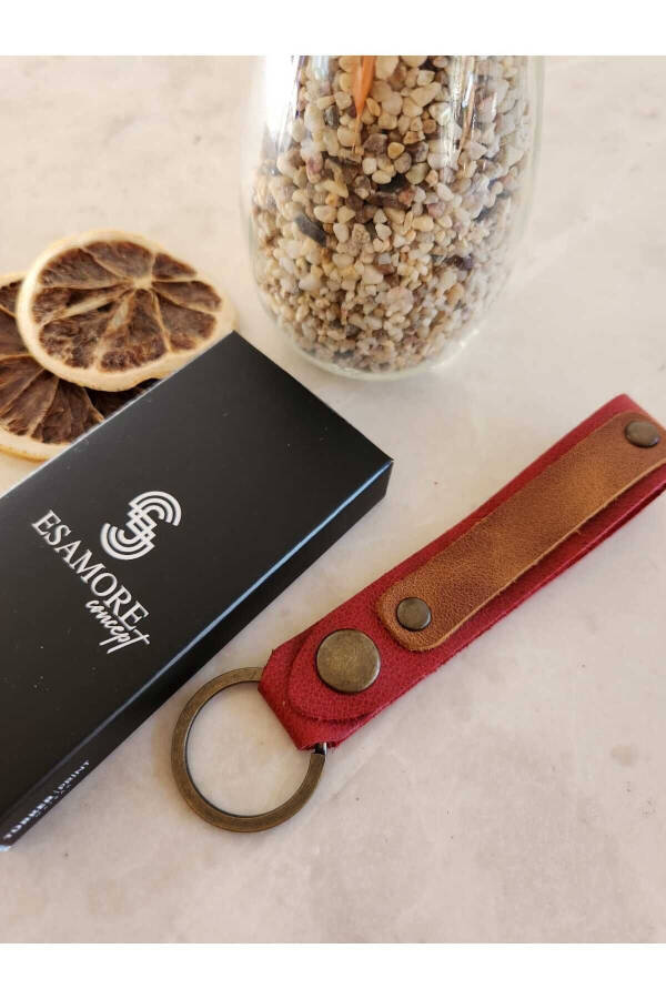 Red and Camel Genuine Leather Personalized, Name , Leather Keychain for Father's Day - 3