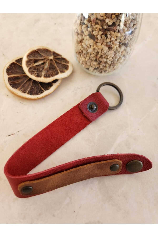 Red and Camel Genuine Leather Personalized, Name , Leather Keychain for Father's Day - 5