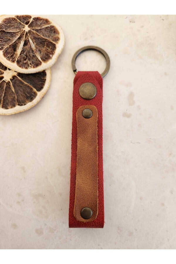 Red and Camel Genuine Leather Personalized, Name , Leather Keychain for Father's Day - 6