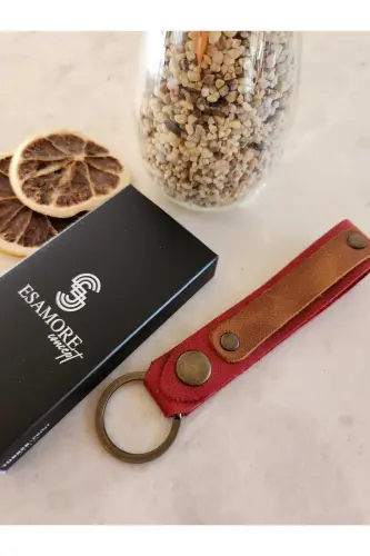 Red and Camel Genuine Leather Personalized, Name , Leather Keychain for Father's Day - 4