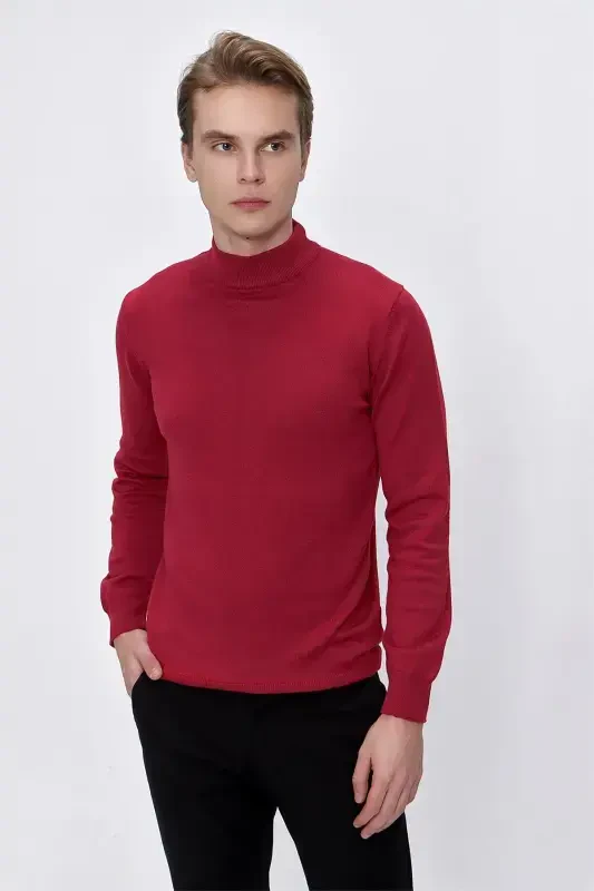 Red Basic Dynamic Fit Comfort Fit Half Turtleneck Knit Sweater - MORVEN