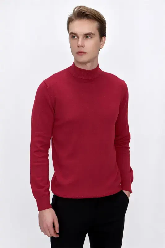 Red Basic Dynamic Fit Comfort Fit Half Turtleneck Knit Sweater - 3