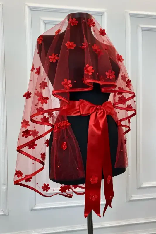 Red Biyeli Bridal Veil Set, Laser Flower And Pearl Detailed, Henna Veil Red Face Cover 6 Pieces-3DBİYELİKIRMIZI - 1