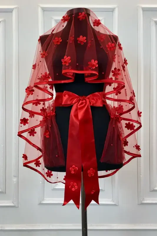 Red Biyeli Bridal Veil Set, Laser Flower And Pearl Detailed, Henna Veil Red Face Cover 6 Pieces-3DBİYELİKIRMIZI - 2