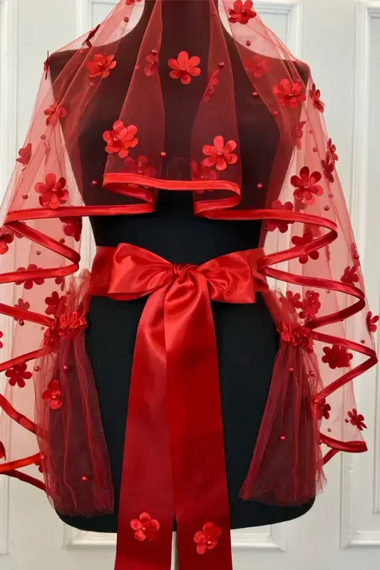 Red Biyeli Bridal Veil Set, Laser Flower And Pearl Detailed, Henna Veil Red Face Cover 6 Pieces-3DBİYELİKIRMIZI - 3