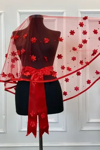 Red Biyeli Bridal Veil Set, Laser Flower And Pearl Detailed, Henna Veil Red Face Cover 6 Pieces-3DBİYELİKIRMIZI - 5