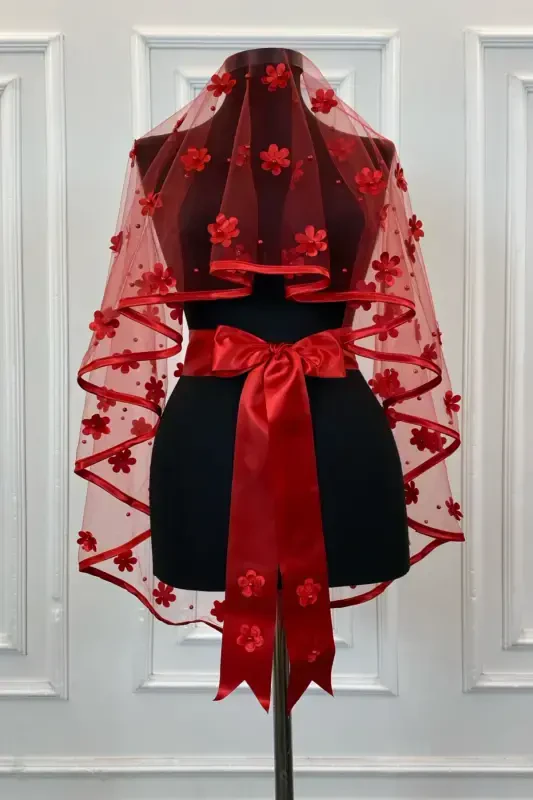 Red Biyeli Bridal Veil Set, Laser Flower And Pearl Detailed, Henna Veil Red Face Cover 6 Pieces-3DBİYELİKIRMIZI - 6