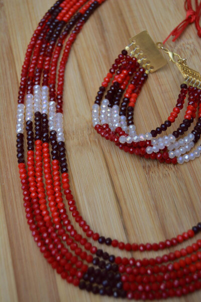 Red Black and White Necklace Earrings Women Set Team Czech Crystal - 3