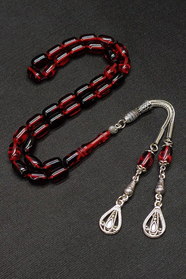 Red-Black Compressed Amber Rosary, Silver Plated Tassel - 1