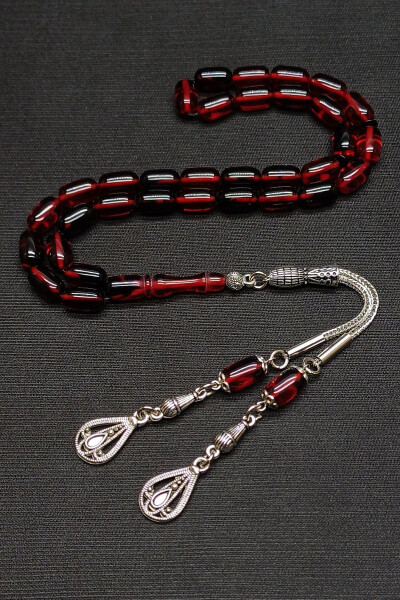 Red-Black Compressed Amber Rosary, Silver Plated Tassel - 3