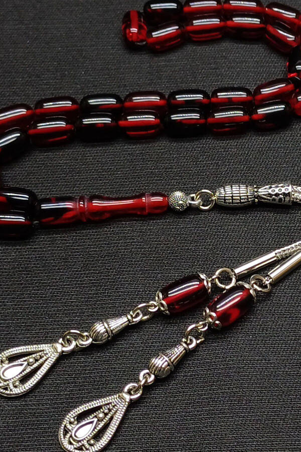 Red-Black Compressed Amber Rosary, Silver Plated Tassel - 4