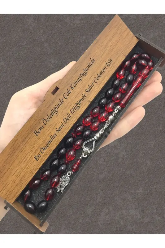 Red Black Streaked Wooden Box Rosary - red black - KANUNİ TESBİH