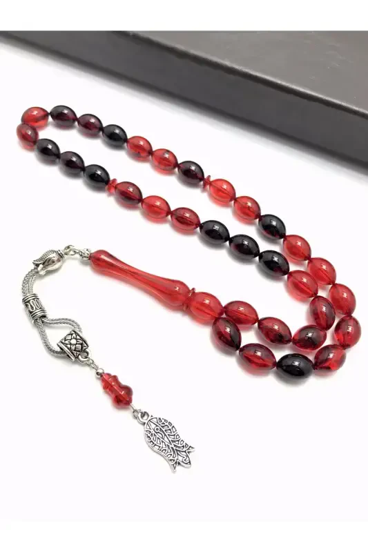 Red Black Streaked Wooden Box Rosary - red black - 2