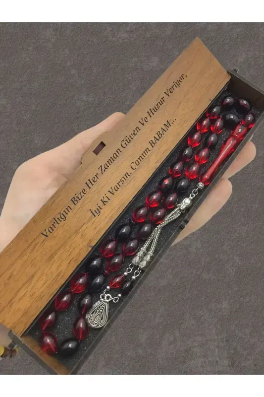Red Black Streaked Wooden Box Rosary-red black - KANUNİ TESBİH