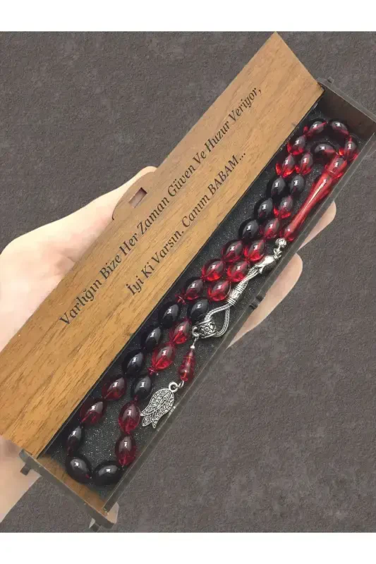 Red Black Streaked Wooden Box Rosary-red black - KANUNİ TESBİH