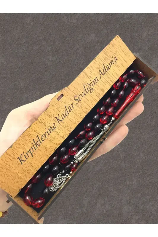 Red Black Streaked Wooden Box Rosary-red black - KANUNİ TESBİH