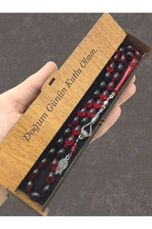 Red Black Streaked Wooden Box Rosary - red black - 1