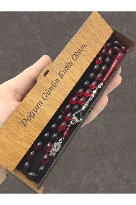 Red Black Streaked Wooden Box Rosary - red black - KANUNİ TESBİH