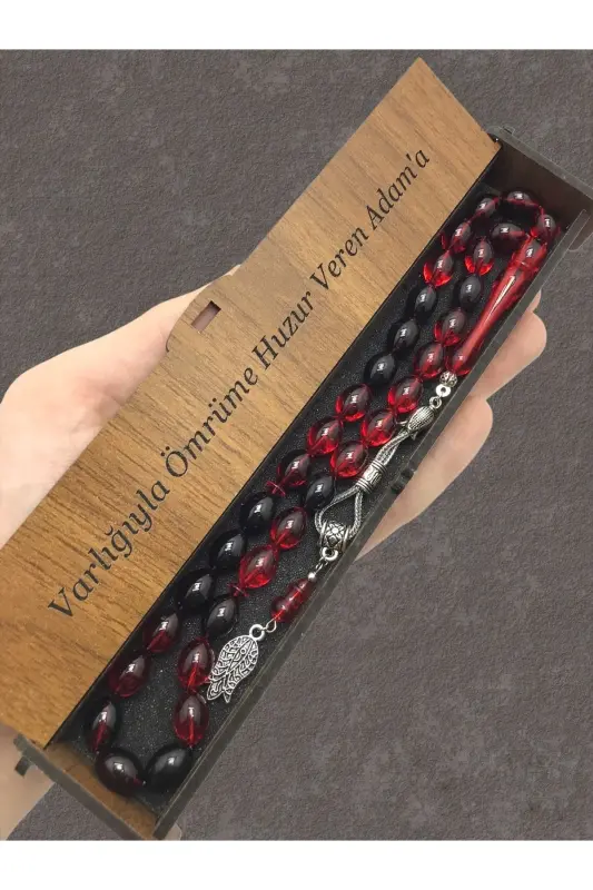Red Black Streaked Wooden Box Rosary - red black - KANUNİ TESBİH