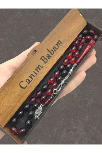 Red Black Streaked Wooden Box Rosary - red black - 1