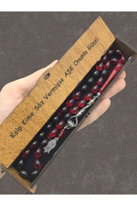 Red Black Streaked Wooden Box Rosary - red black - KANUNİ TESBİH