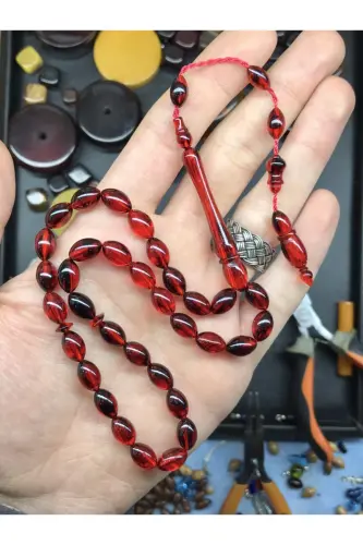Red Black Streaked Wooden Boxed Dust Amber Rosary-red black - 2