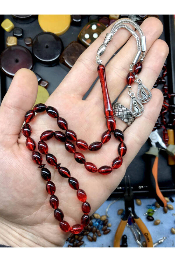 Red Black Striped Wood Box Powder Amber Tasbih - 2