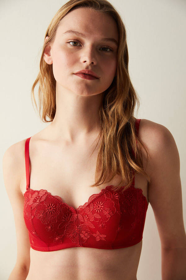 Red Bra with Lotus Embroidery Details - 9