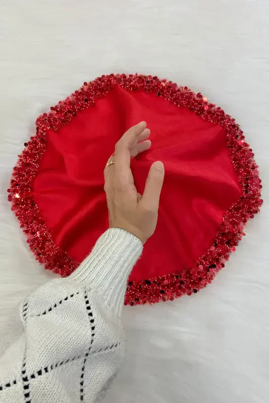 Red Bridal Groom Handkerchief, Shiny Sequin Detailed Wedding Halay Bridesmaid Engagement Henna Circumcision Handkerchief-MENDİLİSİLMODELKIRMIZICE - 2