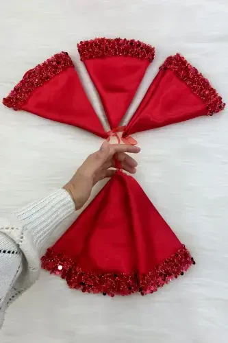 Red Bridal Groom Handkerchief, Shiny Sequin Detailed Wedding Halay Bridesmaid Engagement Henna Circumcision Handkerchief-MENDİLİSİLMODELKIRMIZICE - 3