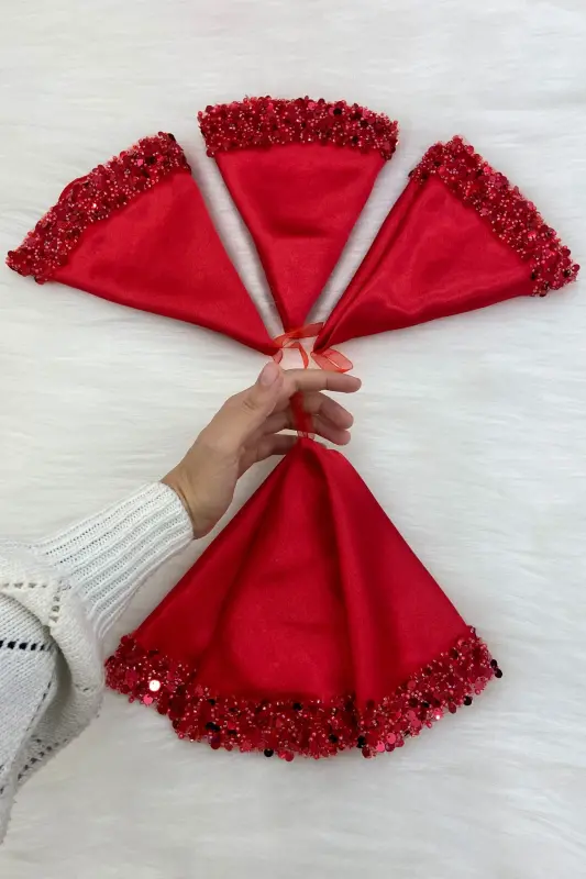 Red Bridal Groom Handkerchief, Shiny Sequin Detailed Wedding Halay Bridesmaid Engagement Henna Circumcision Handkerchief-MENDİLİSİLMODELKIRMIZICE - 4