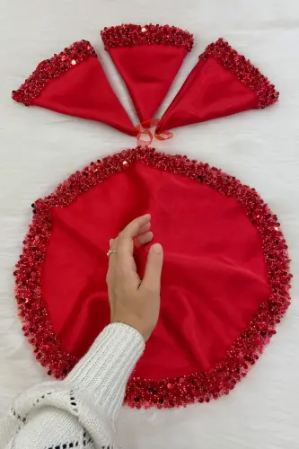 Red Bridal Groom Handkerchief, Shiny Sequin Detailed Wedding Halay Bridesmaid Engagement Henna Circumcision Handkerchief-MENDİLİSİLMODELKIRMIZICE 