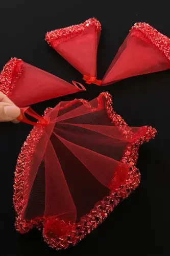 Red Bridal Handkerchief, Halay Handkerchief, Elegant Water Stone Sequined Beaded Sequin - SADECEMENDILSUTASLIZARIFKIRMIZI - 1