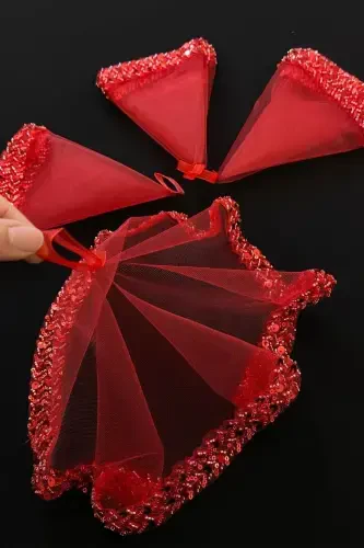 Red Bridal Handkerchief, Halay Handkerchief, Elegant Water Stone Sequined Beaded Sequin - SADECEMENDILSUTASLIZARIFKIRMIZI - 3