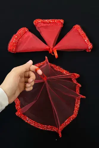 Red Bridal Handkerchief, Wedding Halay Handkerchief, Glass Bead and Sequin Printed Henna Handkerchief-Red - 1