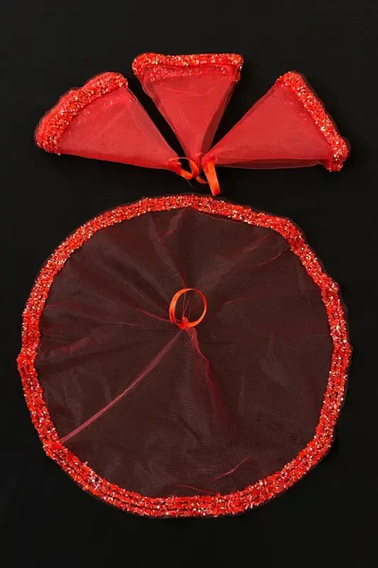 Red Bridal Handkerchief, Wedding Halay Handkerchief, Glass Bead and Sequin Printed Henna Handkerchief-Red - 2