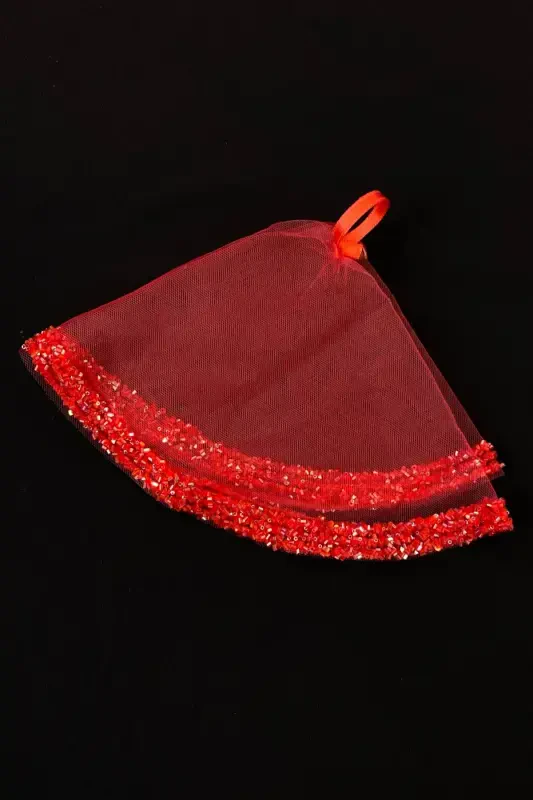Red Bridal Handkerchief, Wedding Halay Handkerchief, Glass Bead and Sequin Printed Henna Handkerchief-Red - 3